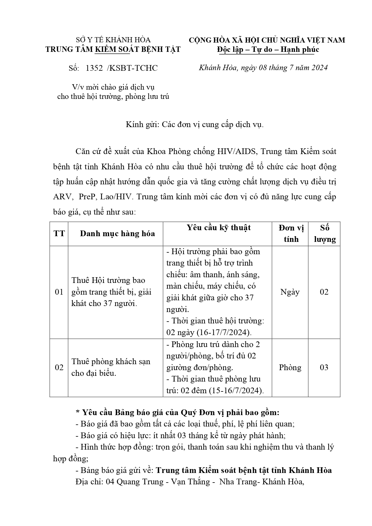 V/v mời chào giá dịch vụ cho thuê hội trường, phòng lưu trú